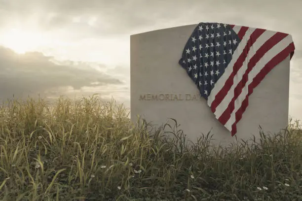 Photo of 3d rendering of close up American flag laying on grave at the peaceful flower meadow to remember the memorial day