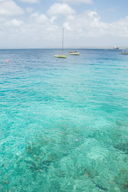 Boats sit on the coastline in Bonaire