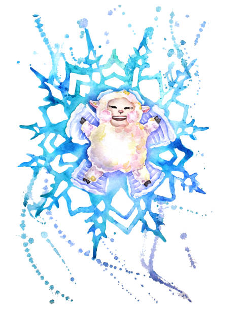 Happy smiled cartoon lamb like snow angel on blue winter snowflake background handdrawn watercolor snow angels stock illustrations