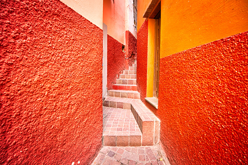 Romantic narrow Alley of the Kiss (Callejon del Beso) in Guanajuato colorful historic city center