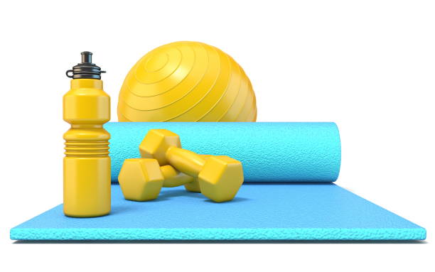 istock Exercise mat with weights, fitness ball and water bottle Front 3D 1150603612