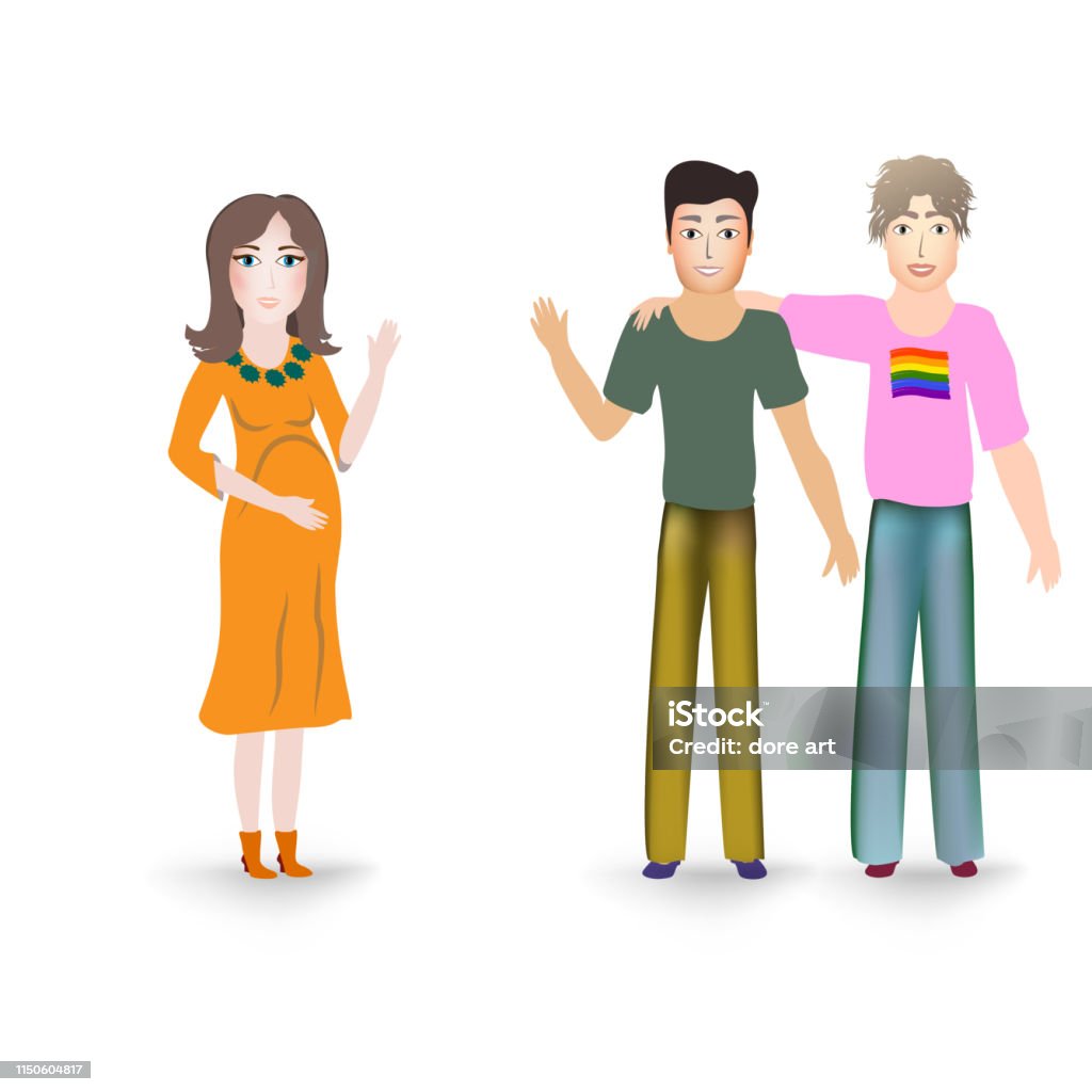 Surrogate mother for a homosexual male family couple, a gay marriage awaits the appearance of their child in a pregnant woman, the girl helps two men to become parents Pregnant surrogate woman and two gay guys on white background. Gestational Surrogacy stock vector