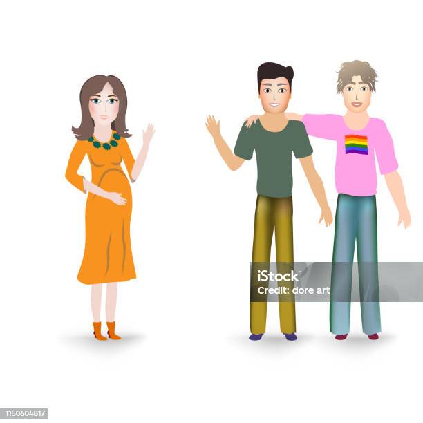 Surrogate Mother For A Homosexual Male Family Couple A Gay Marriage Awaits The Appearance Of Their Child In A Pregnant Woman The Girl Helps Two Men To Become Parents Stock Illustration - Download Image Now