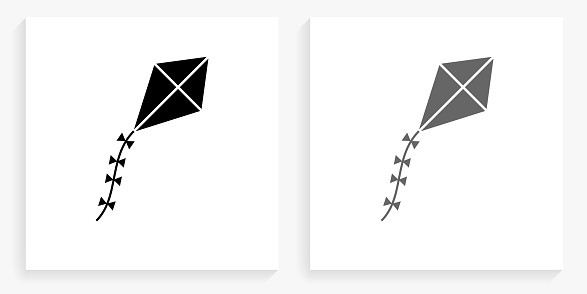 Kite Black and White Square Icon. This 100% royalty free vector illustration is featuring the square button with a drop shadow and the main icon is depicted in black and in grey for a roll-over effect.