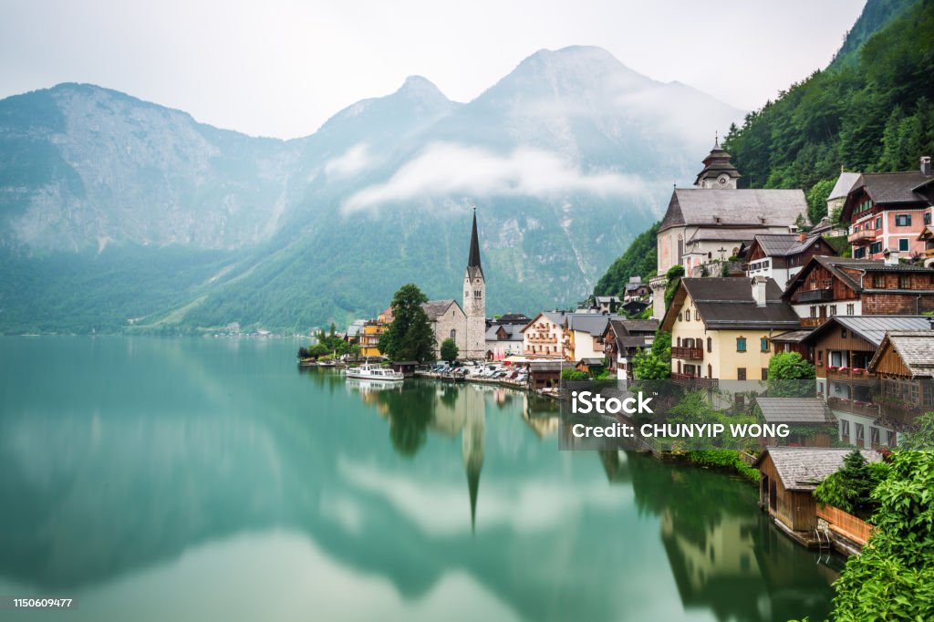 Hallstatt Village and Hallstatter See lake in Austria Austria, Hallstatt, Salzburg, Salzkammergut, Upper Austria Salzburg Stock Photo