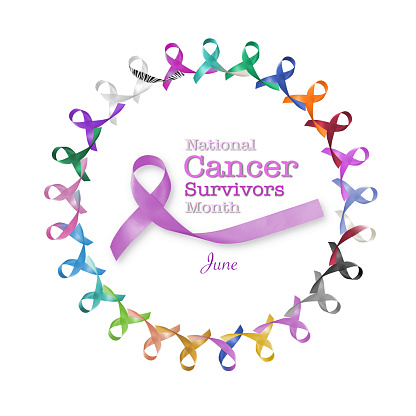 Día Nacional de sobrevivientes de cáncer, 5 de junio con cintas multicolor y color púrpura lavanda, que levantan la conciencia de todo tipo de tumores photo