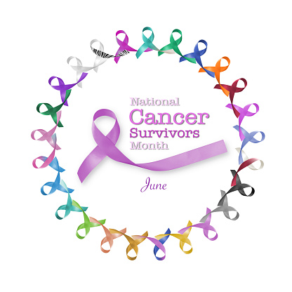 National cancer survivors day, June 5 with multi-color and lavender purple ribbons raising awareness of all kind tumors