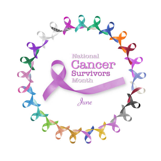 National cancer survivors day, June 5 with multi-color and lavender purple ribbons raising awareness of all kind tumors National cancer survivors day, June 5 with multi-color and lavender purple ribbons raising awareness of all kind tumors survival stock pictures, royalty-free photos & images