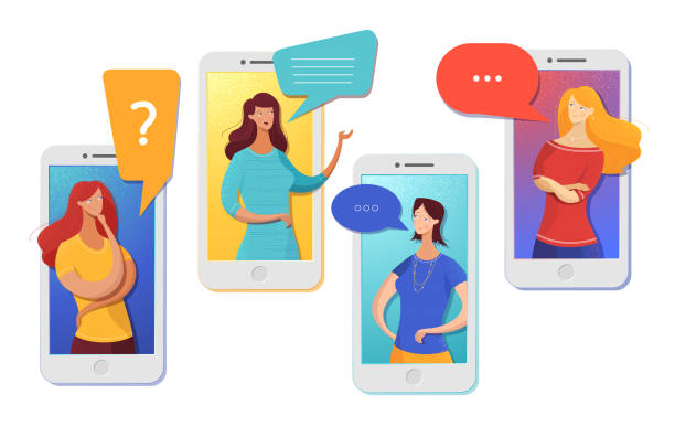 znajomi rozmawiający online płaska ilustracja wektorowa - gossip speech speech bubble text messaging stock illustrations