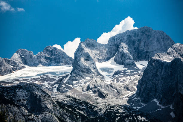 dachstein panorama - copy space alpenglow winter mountain range imagens e fotografias de stock