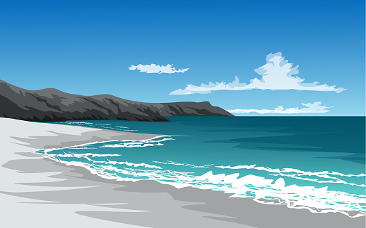 beach illustration with cliff and waves