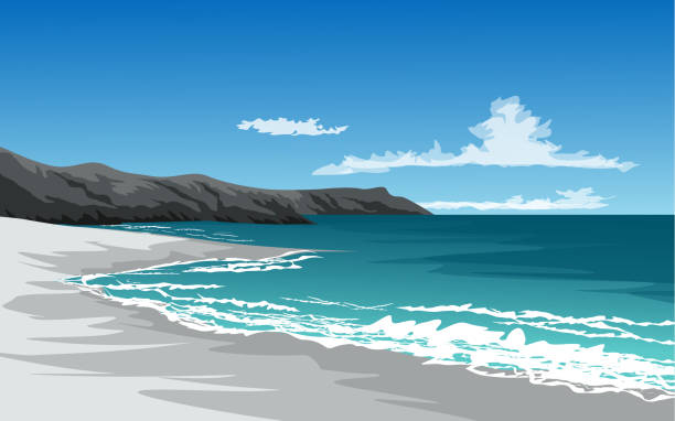 cliff beach beach illustration with cliff and waves bay of water stock illustrations