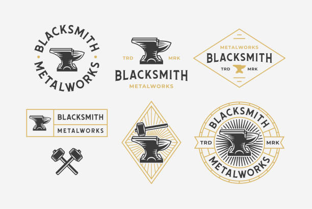 schmied logo set white - blacksmith stock-grafiken, -clipart, -cartoons und -symbole