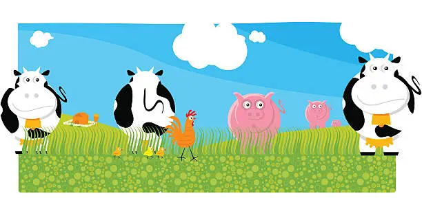 Vector illustration of Cartoon type image of farm animals on a field.