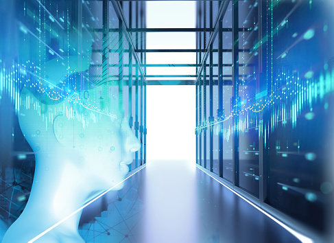 Corridor Of Server Room 3d Illustration With Node Base Programming Data ...