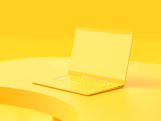Yellow laptop  mock-up on Work desk with yellow background.