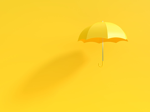 Minimal idea concept. Yellow umbrella with shadow on yellow background and copy space for your text, 3d render.