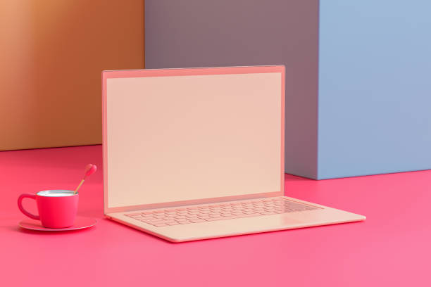 Laptop mock-up Pastel color on work desk table