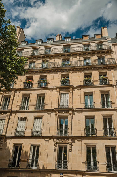 istock Facade of building with balcony and leafy tree in Paris 1150632735