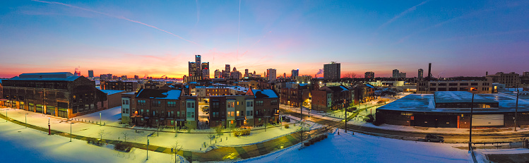 Detroit Michigan residential area aerial winter cityscape