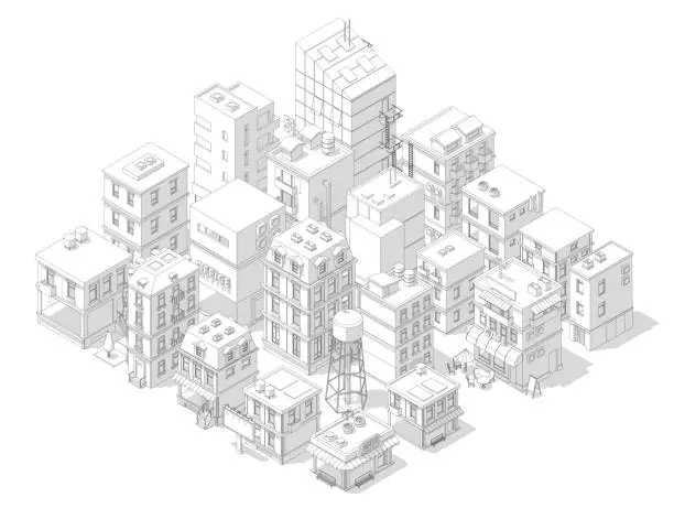 Vector illustration of Town street Intersection road. Buildings Isometric top view. Gray lines outline contour vector style with shadows.