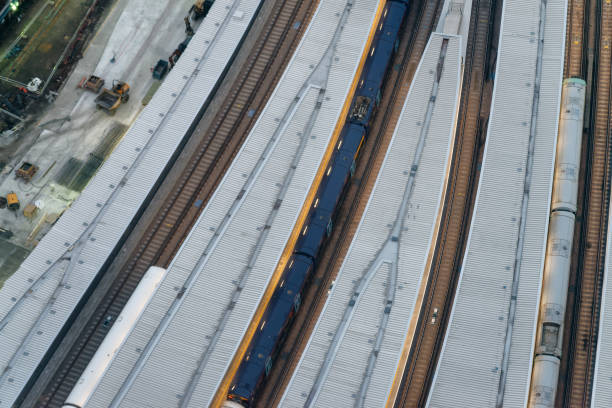 istock Downward view of railway station at night 1150646261