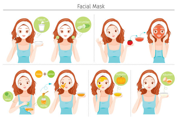 ilustraciones, imágenes clip art, dibujos animados e iconos de stock de mujer joven enmascarar su cara con máscara facial natural, yogur y frutas - facial mask spa treatment cucumber human face
