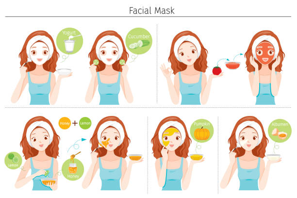 ilustrações de stock, clip art, desenhos animados e ícones de young woman mask her face with natural facial mask, yogurt and fruits - facial mask spa treatment cucumber human face