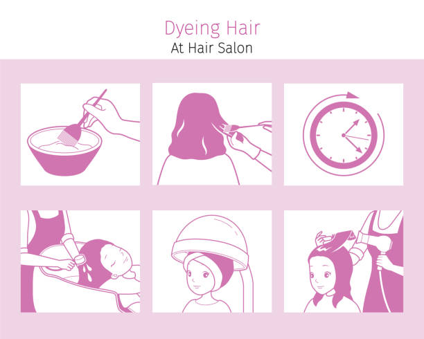 ilustrações de stock, clip art, desenhos animados e ícones de steps to dyeing hair of woman at hair salon, monochrome - store make up cosmetics teenage girls