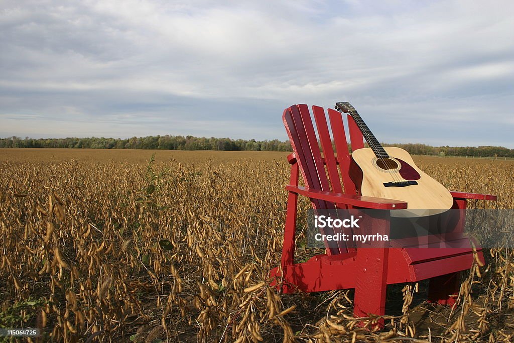 guitar on red  chair red, adirondack chair in soybean field with guitar Agricultural Field Stock Photo