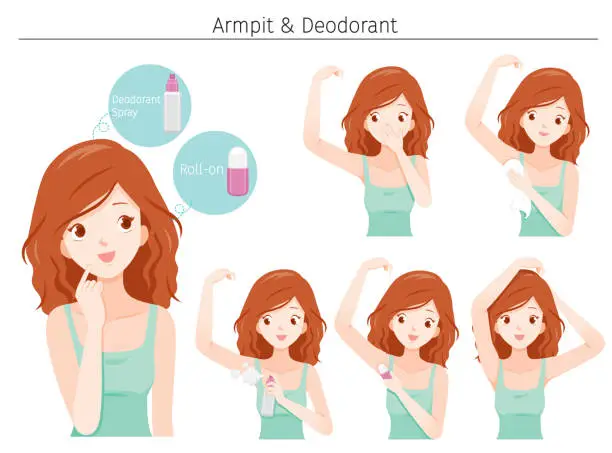 Vector illustration of Young cares armpit with deodorant