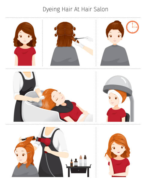 ilustrações de stock, clip art, desenhos animados e ícones de steps to dyeing hair of woman at hair salon - store make up cosmetics teenage girls