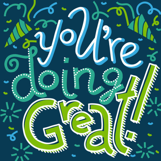 Blue-green You're Doing Great lettering card Colorful vector hand-drawn lettering of words You're Doing Great. Greeting card encouragement sentiment. Clapping hands, firecrackers and confetti doodles. Blue and green colors on dark, offset effect you re awesome stock illustrations