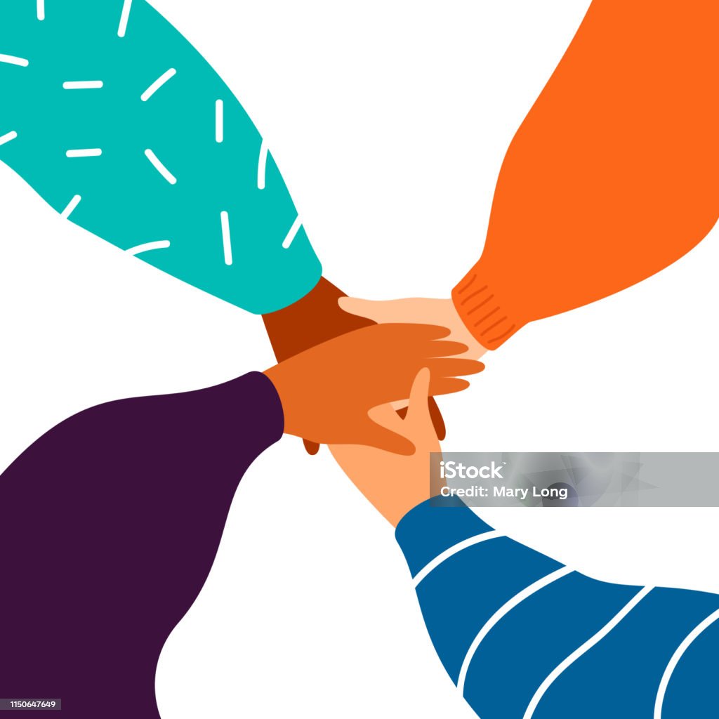 4人の手がお互いを支え合う - 地域社会のロイヤリティフリーベクトルアート