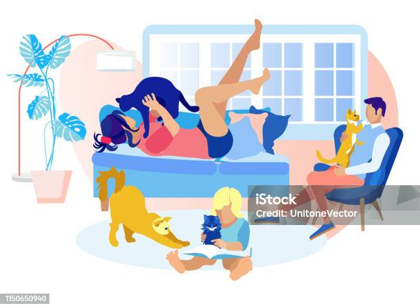 Happy Family Spending Time With Pets Sweet Moment Stock Illustration - Download Image Now - Pets, Family, Life Events