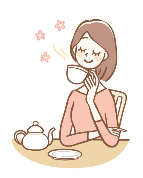 뜨거운 차를 마시는 여자의 그림 - tea tea crop coffee afternoon tea stock illustrations