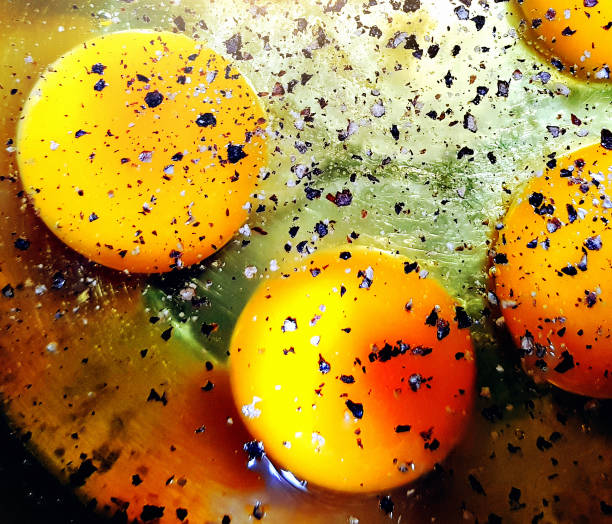 Close-up raw eggs in pan, ready to cook