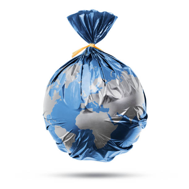 globe of the earth in a plastic black bag like trash on white background - garbage bag garbage bag plastic imagens e fotografias de stock