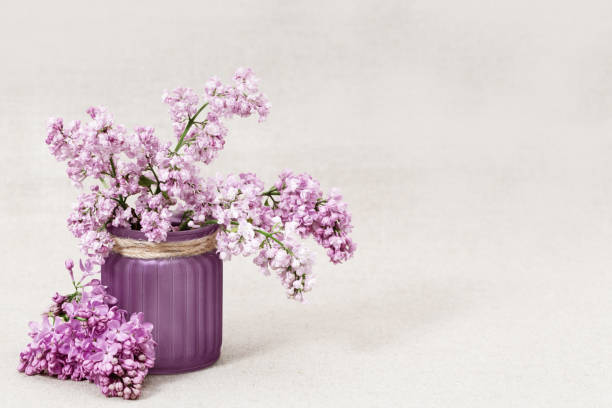 istock Vase with bouquet of lilac flowers on blurred background. Rustic style. Selective focus. 1150655248