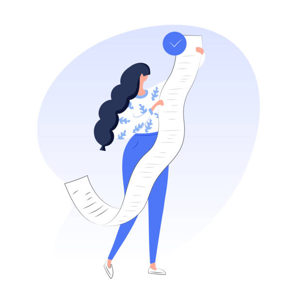 Woman holding long bill, task, check, receipt or to do list with done check mark Woman holding long read,  tax document, long bill, task, check, receipt or to do list with done check mark. Trendy modern vector illustration on white background. tax form illustrations stock illustrations