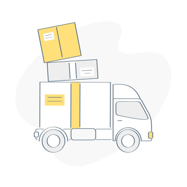 ilustrações de stock, clip art, desenhos animados e ícones de delivery van, fast service truck, moving house. pile cardboard boxes on the truck. product goods shipping transport, relocate to new home or office. flat outline vector illustration. - moving van moving office moving house truck