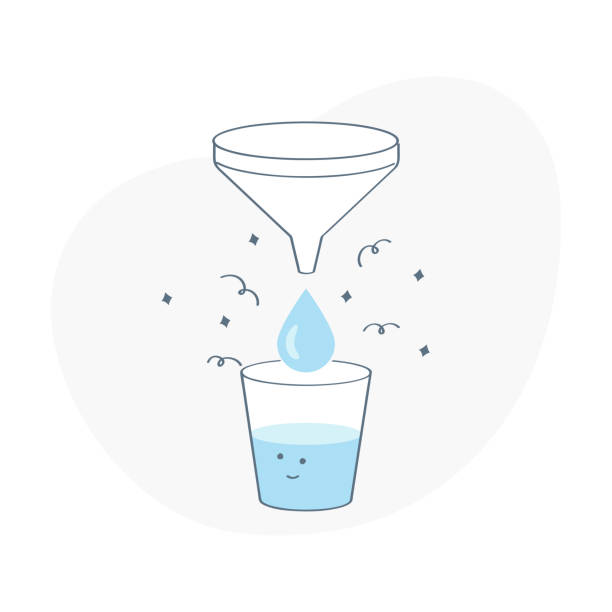 Water purification, filtration Water purification, filtration. Drops drip through the filter to a glass of fresh water. Flat outline vector illustration on white. water filter stock illustrations