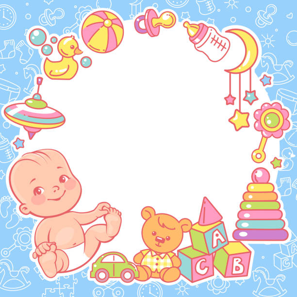 Baby shower design template. Baby boy with toy frame. Square frame with cute little baby boy sitting, wear diaper. Kids toys, elements and objects. Blank text frame. Baby shower cards for boy. It is a boy. Color vector. baby boy newborn backgrounds stock illustrations