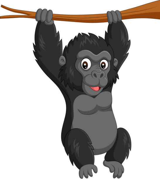 ilustrações de stock, clip art, desenhos animados e ícones de cartoon baby gorilla hanging in tree branch - play the ape