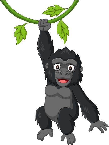 ilustrações de stock, clip art, desenhos animados e ícones de cartoon baby gorilla hanging in tree branch - orangutan ape endangered species zoo