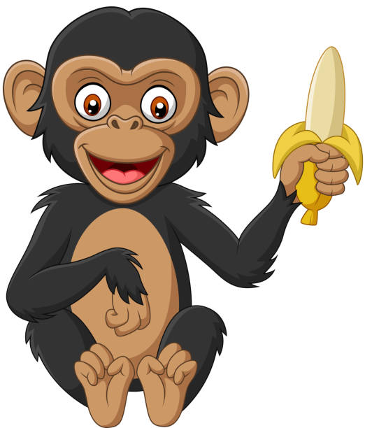 cartoon baby-schimpanse mit einer banane - orangutan ape endangered species zoo stock-grafiken, -clipart, -cartoons und -symbole