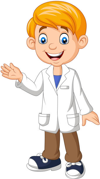 Cartoon boy scientist wearing lab white coat waving Vector illustration of Cartoon boy scientist wearing lab white coat waving vet lab test stock illustrations