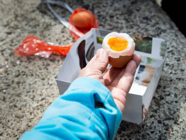 Onsen tamago, or hot-spring eggs, boiled in the near-boiling, mineral-rich waters at the specially designed cooking area called Yuzutsu, located down by the riverbank in the remote mountain village Yunomine Onsen