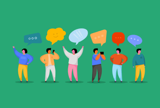 istock Social Network Template. Group of Young People Characters Chatting and speaking. Virtual Communication Concept. 1150664664