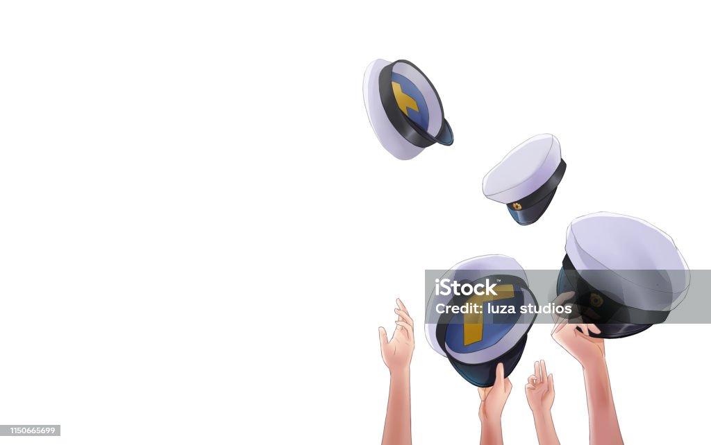 Swedish graduation hats being thrown up in the air Traditional graduation hats are being thrown up in the air in Sweden. Manga style image of Swedish people graduating. Student stock illustration